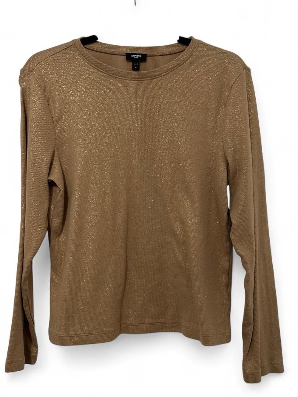 Express Fitted Gold Shimmer Ribbed Long Sleeve Top XL Metallic Stretch Top